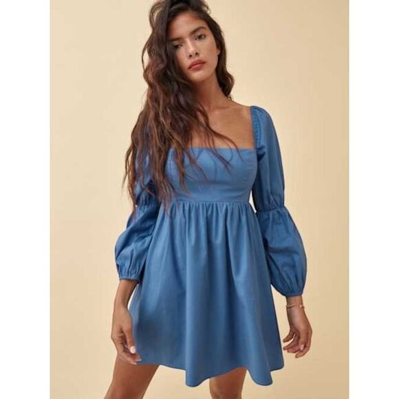 Reformation Michaela Mini Dress Blue Square Neck Smocked Puff Sleeve Size 10